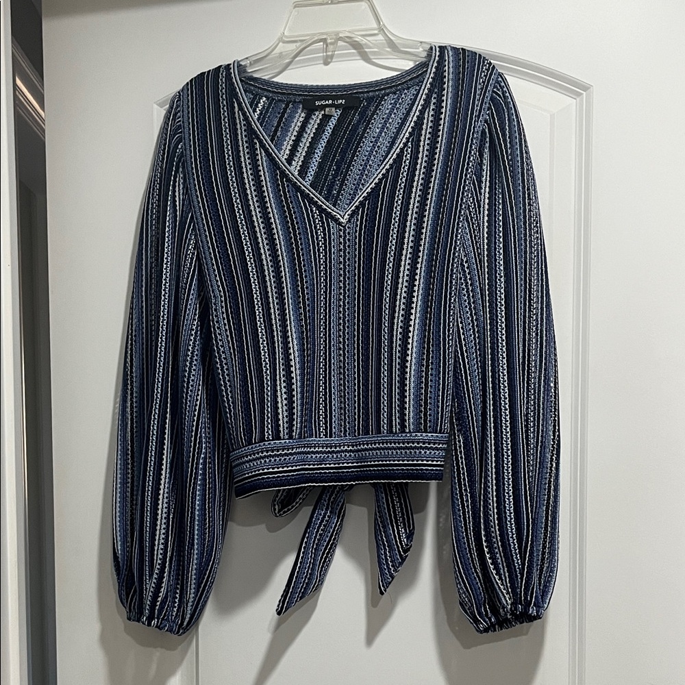 Sugarlips Blue and White Striped V-Neck Tie-Front Long Sleeve Top